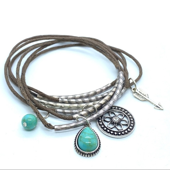 Cord Bracelet Set of 6 Faux Turquoise Charms - Picture 1 of 5